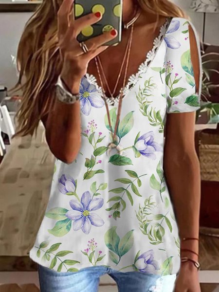 

Floral Vacation Loosen V Neck Short Sleeve T-Shirt, Flower, T-Shirts