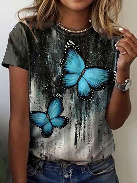 

Casual Butterfly Cotton Blends Short Sleeve T-Shirt, Multicolor, T-Shirts