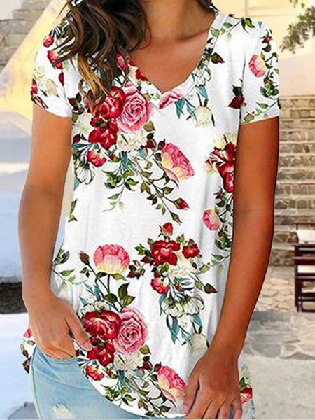 

Vacation Floral Printed Loosen V Neck Short Sleeve T-Shirt, Flower, T-Shirts