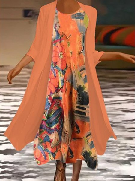 

3/4 Sleeves Art Printing Crew Neck Casual Two Piece Dress With Coat, Multicolor, Suit Set