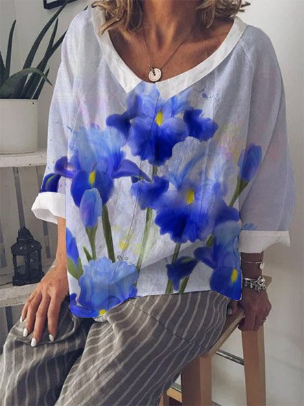 

Boho Cotton Short Sleeve Tops, White, T-Shirts