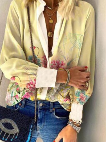 

Stand Collar Long Sleeve Blouse, Yellow, Blouses & Shirts