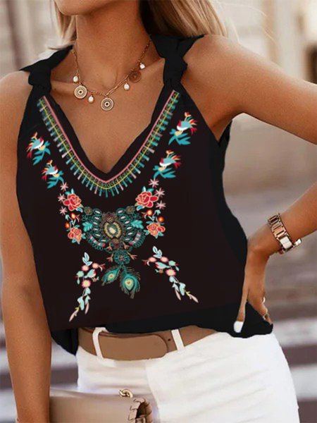 

V Neck Casual Woven Tank, Black, Tank Top