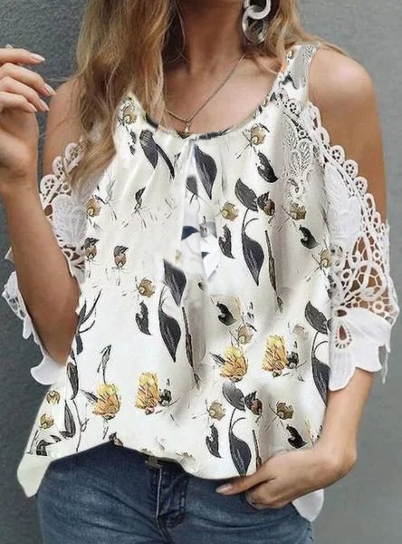 

Floral Loosen Crew Neck Lace Sleeve Short sleeve tops, White, Tops