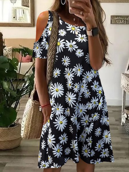 

Vacation Floral Plants Casual Loosen Crew Neck Midi Short Sleeve Knit Dress, Black, Mini Dresses