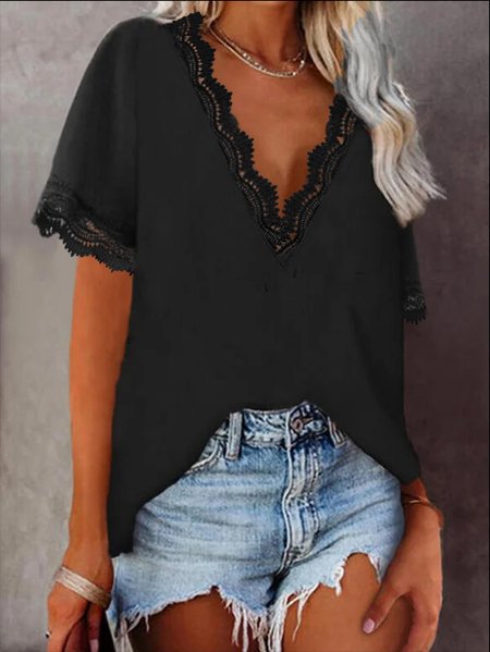 

Lace Casual Plain V Neck Short Sleeve T-Shirt, Black, T-Shirts