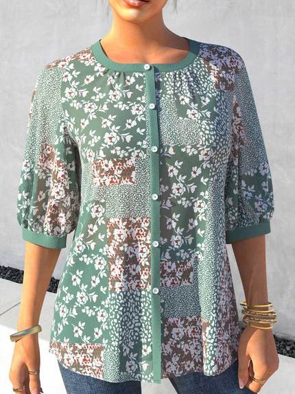 

Crew Neck Loosen Floral Short Sleeve Tops, Green, Shirts & Blouses