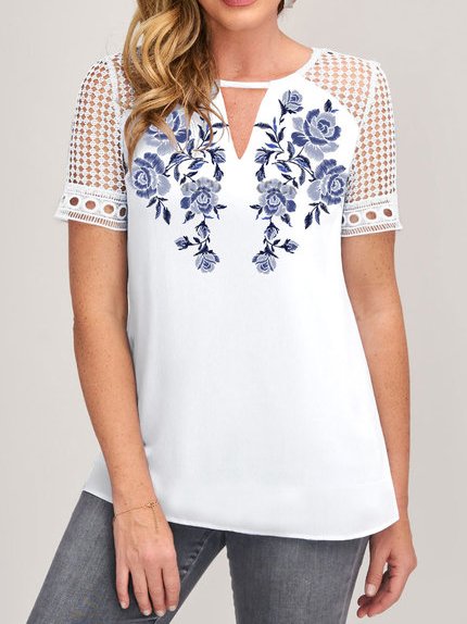 

Floral Casual Lace Short Sleeve Tops, White, Tees & T-shirts