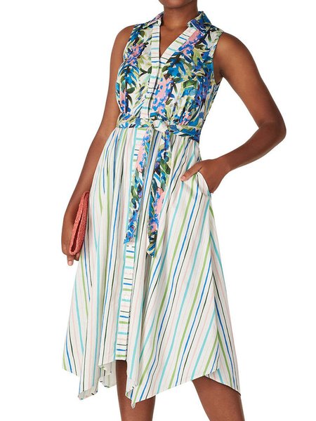 

Regular Fit Elegant Striped Sleeveless Woven Dresses, White, Midi Dresses