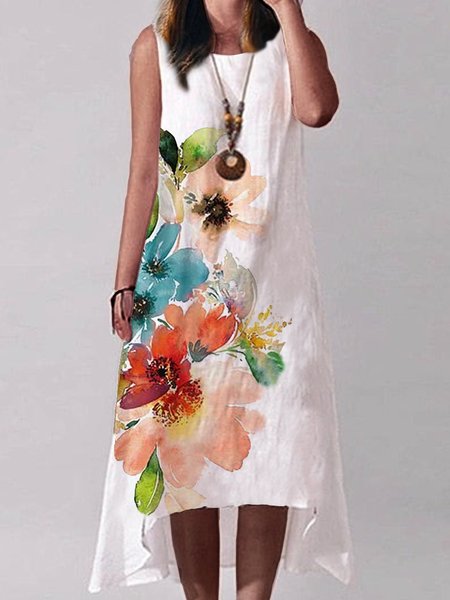 

Crew Neck Loosen Floral Sleeveless Woven Dress, White, Dresses