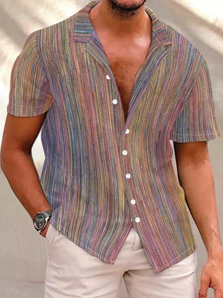 

Colorful Stripe Men's Short Sleeve Shirt, As picture, Short Sleeves Shirts