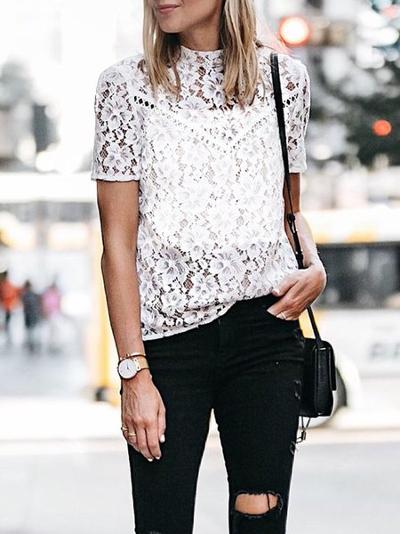 

Floral Loosen Crew Neck Short Sleeve Top, White, Tops