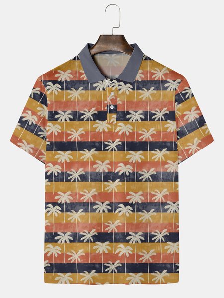 

Resort Style Hawaii Series Gradient Coconut Tree Element Lapel Short-Sleeved Polo Print Top, Orange, Men's t-shirts