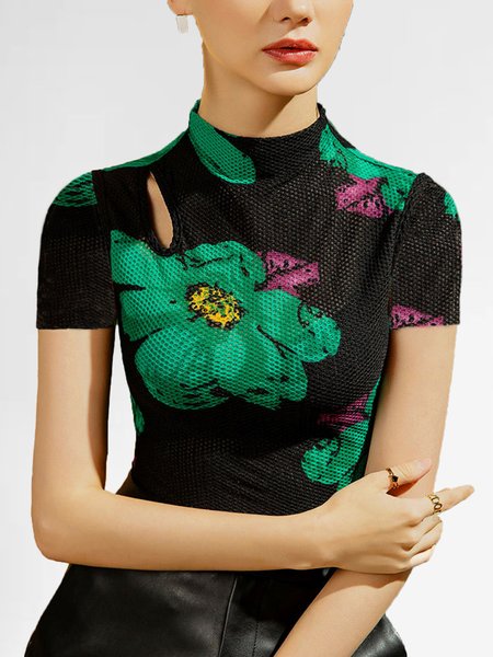 

Floral High Neck Elegant Skinny Short Sleeve Top, Black, Tees