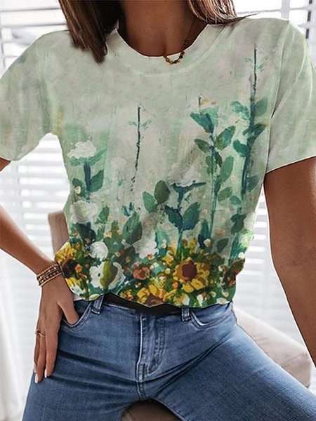 

Floral Printed Vacation Loosen Crew Neck Short Sleeve T-Shirt, Flower, T-Shirts