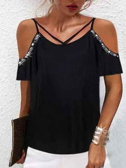 

Hot Drill Drop Shoulder Cotton Blends Casual Plain Short Sleeve Tops, Black, Shirts & Blouses