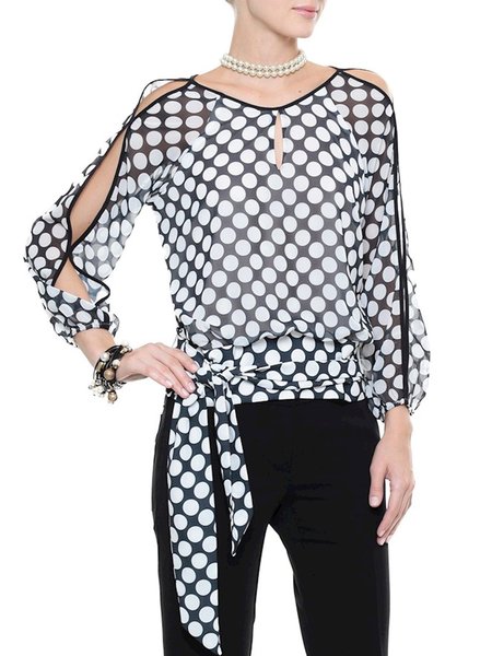 

Regular Fit Polka Dots Elegant Long Sleeve Top, Black-white, Tops
