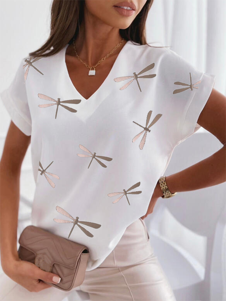 

Dragonfly Loosen Short Sleeve Tops, White, Tops