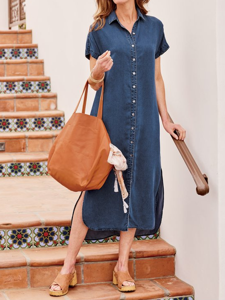 

Simple Shirt Collar Denim Dresses, Blue, Dresses