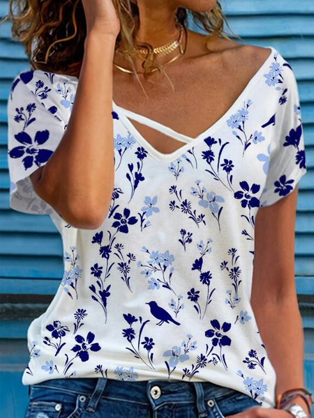 

Casual V Neck Floral Short Sleeve T-Shirt, White, T-Shirts