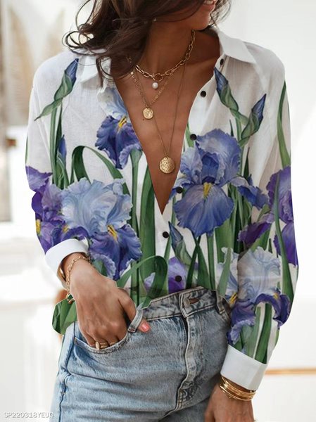 Regular Fit Shirt Collar Long Sleeve Tops, White, Shirts & Blouses