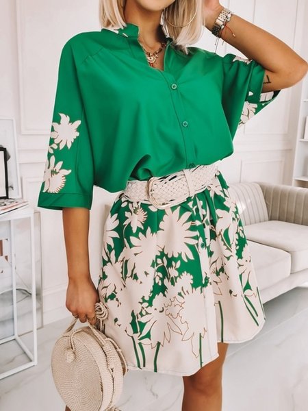 

Summer A-line Loosen Short Sleeve Woven Stand Collar Dress, Green, Mini Dresses