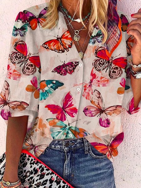 

Casual Butterfly Print Long Sleeve Shirt, Multicolor, Shirts & Blouses