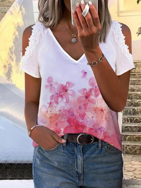 

Vacation Floral Plants Printed Casual Loosen V Neck Short Sleeve T-Shirt, White, T-Shirts