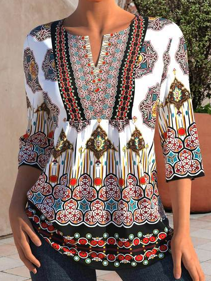 

Boho Vacation Tribal V Neck Mid Sleeve Blouse, White, Shirts & Blouses