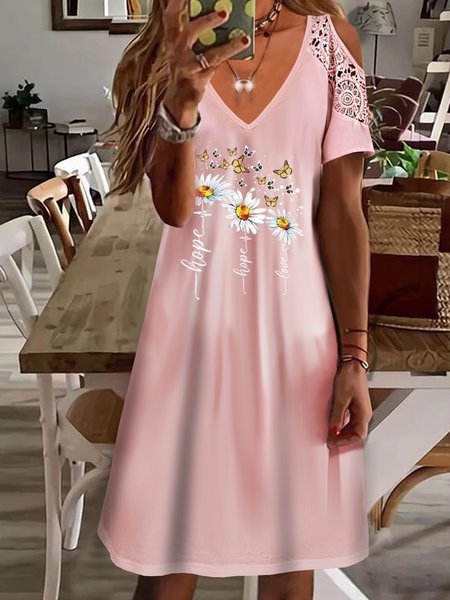 

Vacation Butterfly Printed Casual Loosen V Neck Short Sleeve Knit Dress, Pink, Mini Dresses