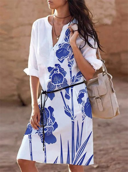 

Boho Short Sleeve Woven Dress, White, Midi Dresses