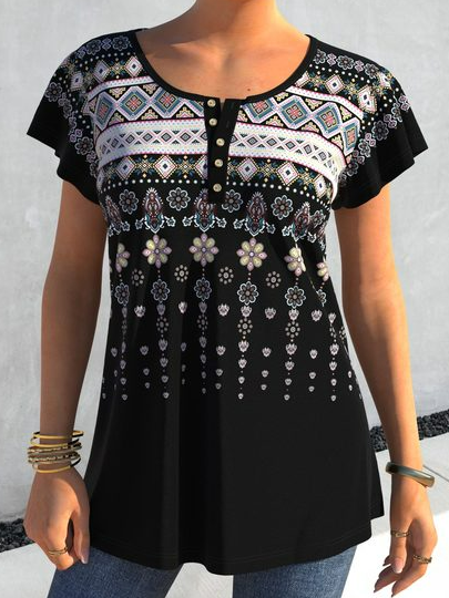 

Tribal Vacation Regular Fit Henley Boho Short Sleeve Blouse, Black, T-Shirts