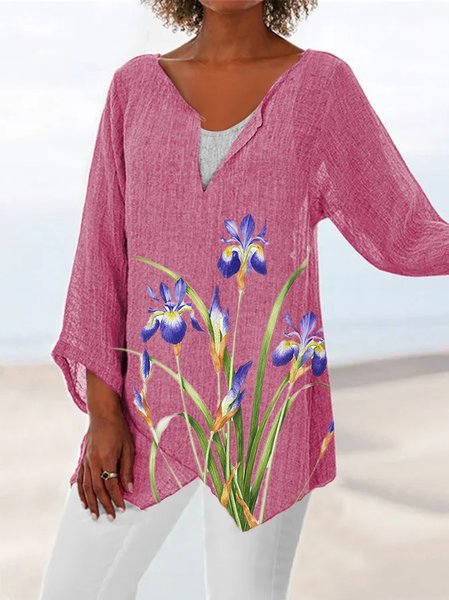 

Loosen Floral Long Sleeve Tops, Red, Tunics