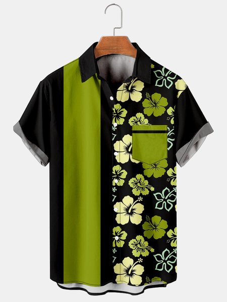 

Mens Hawaiian Hibiscus Print Lapel Loose Chest Pockets Short Sleeve Funky Aloha Shirts, Green, Men's Floral shirt