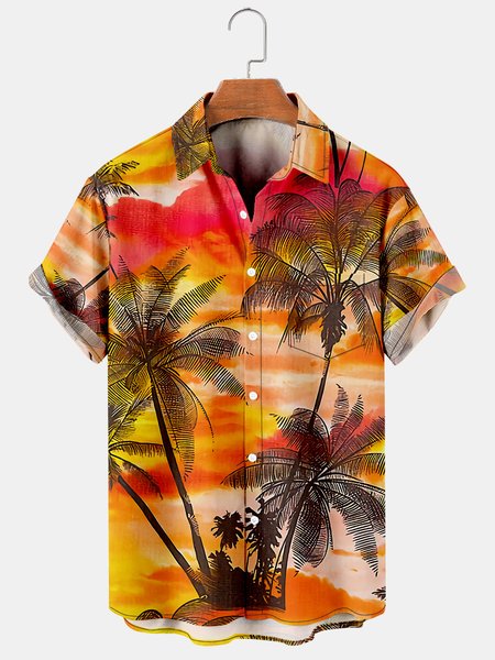 

Mens Hawaiian Leaves Print Lapel Loose Chest Pockets Short Sleeve Funky Aloha Shirts, Orange, Men's Floral shirt