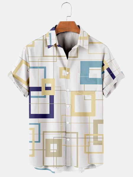 

Men's Geometric Printed Casual Short Sleeve Hawaiian Shirt with Chest Pocket, White, Men's Floral shirt