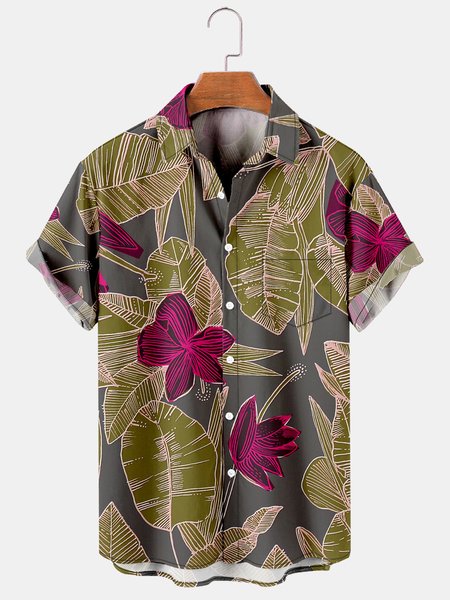 

Mens Hawaiian Leaves Print Lapel Loose Chest Pockets Short Sleeve Funky Aloha Shirts, Gray, Men's Floral shirt