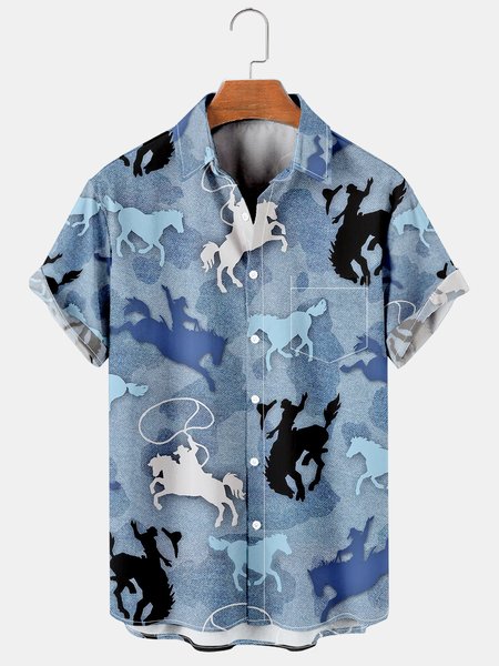 

Mens Cowboy Print Lapel Loose Chest Pocket Short Sleeve Funky Aloha Shirts, Blue, Men's Floral shirt