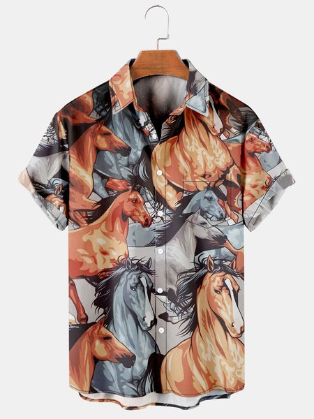 

Mens Cowboys Horses Print Lapel Loose Chest Pockets Short Sleeve Funky Aloha Shirts, Brown, Men's Floral shirt