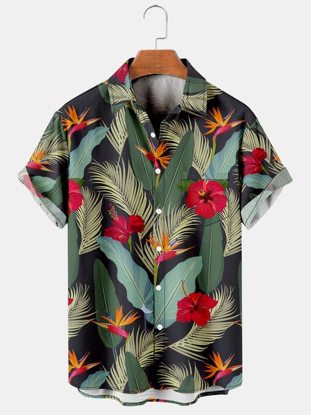 

Mens Hawaiian Hibiscus Floral Print Lapel Loose Chest Pockets Short Sleeve Funky Aloha Shirts, Black, Men's Floral shirt
