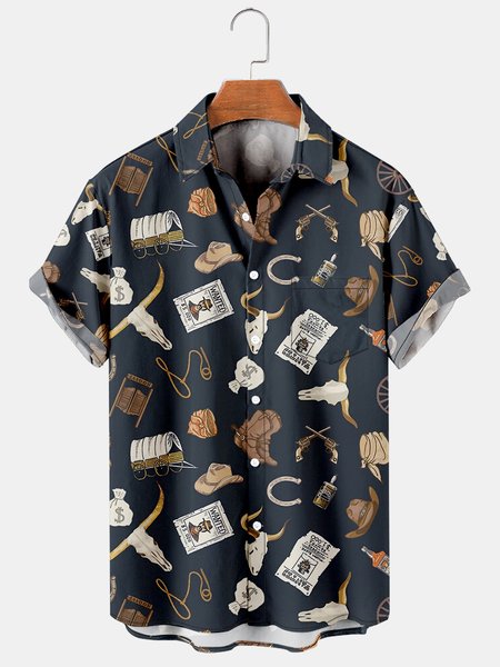 

Mens Cowboys Horses Print Lapel Loose Chest Pockets Short Sleeve Funky Aloha Shirts, Blue, Men's Floral shirt