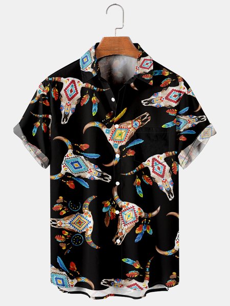 

Mens Cowboys Horses Print Lapel Loose Chest Pockets Short Sleeve Funky Aloha Shirts, Black, Men's Floral shirt