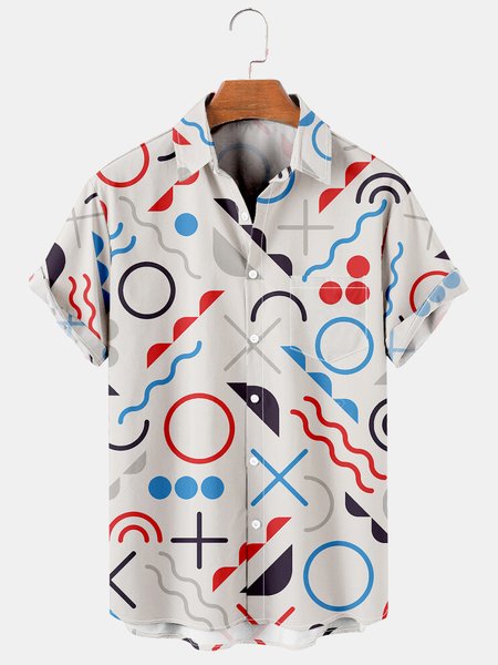 

Men's Geometric Printed Casual Short Sleeve Hawaiian Shirt with Chest Pocket, White, Men's Floral shirt