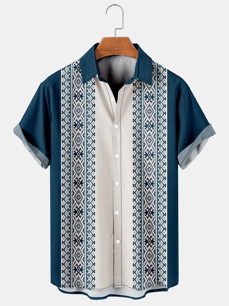 

Men's Renaissance Vintage Striped Print Casual Breathable Short Sleeve Shirt, Blue, Men's Floral shirt