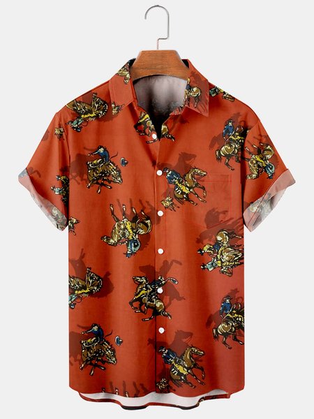 

Mens Cowboy Print Lapel Loose Chest Pocket Short Sleeve Funky Aloha Shirts, Red, Men's Floral shirt