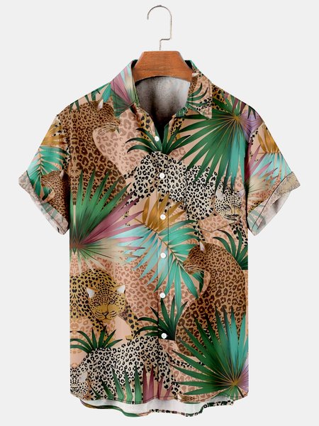 

Mens Hawaiian Leopard Print Lapel Loose Chest Pockets Short Sleeve Funky Aloha Shirts, Brown, Men's Floral shirt