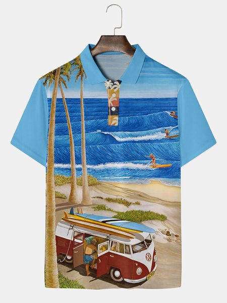 

Resort Style Hawaii Series Gradient Beach Coconut Tree Element Lapel Short-Sleeved Polo Print Top, Blue, Men's t-shirts