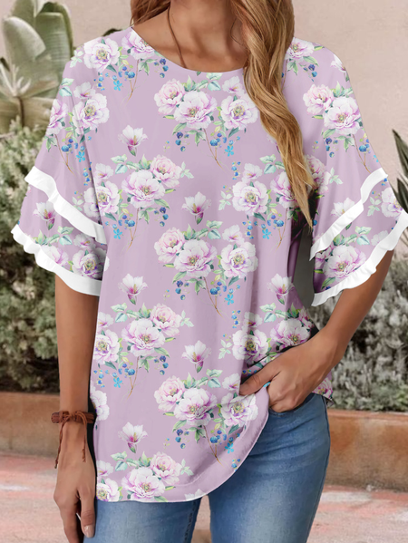 

Vacation Crew Neck Loosen Short Sleeve Tops, Purple, Tops