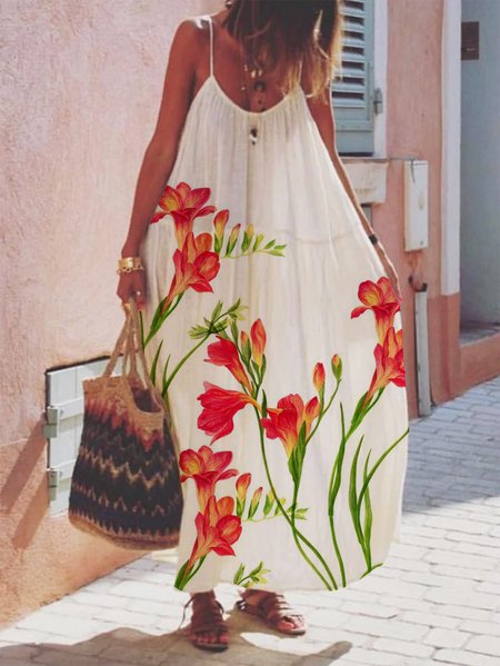 

Loosen Cotton Floral Short Sleeve Woven Dress, White, Maxi Dresses