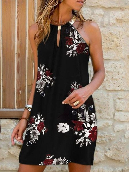 

Casual Floral Sleeveless Loosen Knit Dress, Black, Mini Dresses